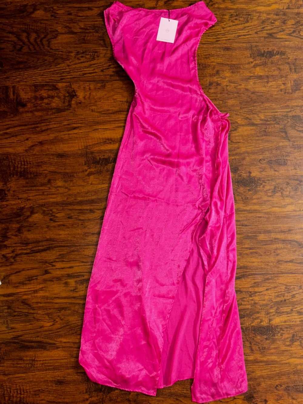 Hello Molly NWT Hot Pink Satin Maxi Dress Side Cutouts High-Low Slit Silk Gown